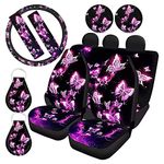 Biyejit Pink Butterfly Car Interior Seat Cover Full Set Front and Rear Bench Bucket Seat Cover Protector with Auto Seat Belt Cover+Keychains+Automotive Cup Holders+ Universal Steering Wheel Cover