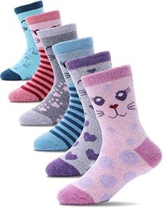 ProEtrade Merino Wool Socks for Kids Toddlers Boys Girls Thick Warm Winter Hiking Heavy Thermal Cozy Crew Boot Cat Gift Socks 6 Pack(Cat-Mixmatch,1-3 Y)