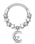 Melighting Septum Rings 16G Moon Septum Jewelry with Opal Clear CZ Surgical Steel 316L Star Helix Earring Dangle Daith Earrings Body Piercing for Women Men, Metal, cubic-zirconia