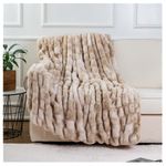 BATTILO HOME Luxury Faux Fur Throw Blanket Beige Tie-dye Rabbit Fur Blanket for Bed Sofa Couch, 50"x60" Ruched Warm Cozy Fuzzy Blanket