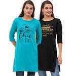 FLEXIMAA Women's Cotton Printed Round Neck 3/4 Sleeve Shade Green & Black Color Long Top L Size - (Pack of 2)