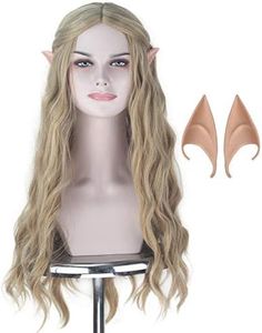 Miss U Hair Long Wavy Flax Golden Ash Blonde Hair Women Party Cosplay Costume Wig with Elf Ears Halloween