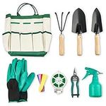 SA Products 9-Piece Gardening Tools Set - Trowel, Rake, Transplanter Spade, Pruning Shears, Spray Bottle, Gloves, Plant Ties, Plant Labels, Tote Bag - Rustproof Carbon Steel Tools With Wood Handles