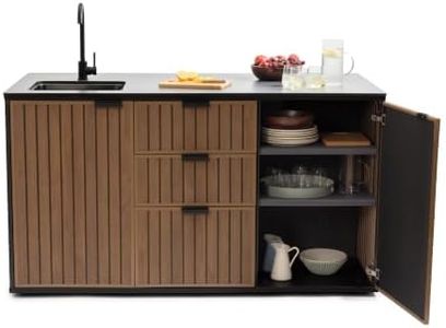 Keter Signature Compact Outdoor Kitchen Island with Sink, Storage Drawers & Cabinet, Brown, Weather-Resistant Resin Patio Prep Table with Countertop