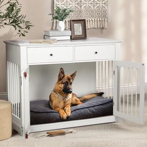 LEMBERI 44 Inch Large Dog Crate Furniture, Wooden Dog Kennel End Table with Storage Drawers, Decorative Pet Cage Dog House Indoor for Dogs