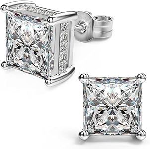 18K White Gold Plated Sterling Silver Princess Cut Cubic Zirconia Stud Earrings Square Simulated Diamond CZ Stud Earrings for Women Men Hypoallergenic (8MM, White Gold)