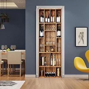 A.Monamour 3D Door Stickers for Interior Doors Wooden Wine Cabinet Shelf with Bottles of Red Wine in A Bar Vinyl Waterproof Self Adhesive Door Mural Decals for Bedroom Office Bathroom 77 x 200 cm