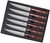 WALLOPTON Set of 6 Steak Knives - Sturdy Full Tang Wood Handle, Fine Serrated Sharp Edge for Smooth Cutting - High Carbon German Stainless Steel - 5'' Dinner Knife Set with Gift Box