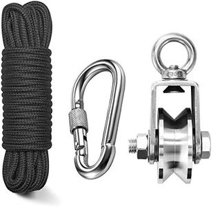 TooTaci 48MM Stainless Steel Crane Pulley System - Heavy Duty Lifting with V Type Swivel Hook, 1/4" Nylon Rope 33ft & Carabiner Lock