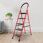 ZOLMIX Premium Steel Ladder, Stairs for Home, Foldable 5 Step Ladder, Sidi, Safety Clutch Lock, Anti Slip Steps, Knee Guard, Firm Grip, Anti Skid, Durable, Heavy Duty, Lader 5 Years Warranty - Red