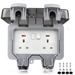 Weatherproof Outdoor Sockets, Waterproof Double Socket Wall Electrical Outlets Box Switched Socket Cover 13A IP66 2 Gang Outside Plug Sockets