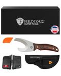 FIELDTORQ SUPER TOOL Field Dressing Kit - Skinning Knife, Gut Hook, Bone Cutter, for Deer Bear Elk Hogs - Fixed Blade Game Processing Kit - Hunting Knife with Sheath & Sharpener - Pakkawood Handle