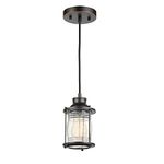 Globe Electric 60882 Bayfield 1 Plug-in or Hardwire Pendant Lighting, Dark Bronze, Ribbed Seeded Glass Shade, 15-Foot Grounded Black Fabric Cord, in-Line On/Off Switch