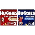 HUGGIES Diapers Size 2 - Huggies Little Snugglers Disposable Baby HUGGIES Diapers, 180ct, One Month Supply & Overnites Nighttime Baby Diapers, Size 3, Giga, 58 Ct