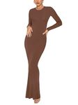 REORIA Women's Sexy Casual Crew Neck Lounge Slimming Long Dress Elegant Wedding Guest Long Sleeve Ribbed Bodycon Maxi Dresses Coffee Medium