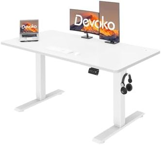 Devoko Bureau Assis Debout 120x60cm,Table Assis-Debout réglable en Hauteur,Bureau avec Crochet pour Sac à Dos et Panneau Intelligent à mémoire,à Domicile avec Panneau d'épissage,Blanc