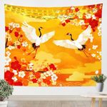 Feelyou Girls Cherry Blossoms Wall Hanging Japanese-Style Crane Tapestry Yellow Red Exotic Style Wall Blanket for Kids Children Women Bedroom Decor Chic Floral Flowers Wall Art Medium 59x59