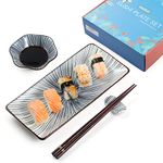 Mallyu Sushi Plate Set 8 Pcs, 10" Ceramic Sushi Dishes Serving Set, Dinnerware Sets w/ 2 Sushi Plates and Soy Sauce Bowls-2 Chopsticks and Holder, Wedding Housewarming Gift, Blue Line