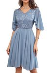 GRACE KARIN Women Plus Size Evening Chiffon Dresses Cape Sleeve Ball Gown Size 12 Lace Dress for Wedding Guest Glaucous