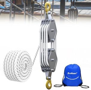 FITHOIST Block and Tackle 1100 lbs, 4400 LBS Breaking Strength Heavy Duty Pulley, 65 Ft 3/8" Rope Pulley, 7:1 Lifting Power Pulley System, Pulley Hoist for Animal Husbandry, Warehouses, Constructions