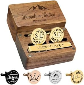 Custom Monogram Cufflinks for Men - Personalized Initial Cuff Links & Tie Clip Set with Engraved Wood Box - Wedding Gifts for Groom Son Man Groomsmen Father's Day(Round)