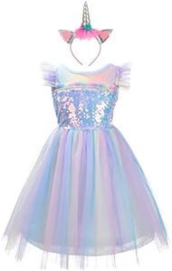 Dressy Daisy Unicorn Birthday Rainbow Tulle Dress Princess Costume with Headband Fancy Party Outfit for Toddler Girls Size 3-4