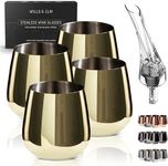 Wills and Elm Gold Wine Glasses - Stemless Stainless Steel Wine Glasses Set of 4 with Aerator - Gold Goblet - Metal Wine Glasses - Unbreakable Wine Glasses - Outdoor Wine Glasses - 18oz