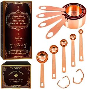 Copper Measuring Cups and Spoons Set of 9 - Premium Gift Packaging + Cooking Conversions Chart. Extra Sturdy Stainless Steel with Copper Finish, Satin and Mirror Polish. Gift Under 25 Dollars.
