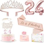 24th Birthday Decorations for Her Girls Women, Including 24 year old Birthday Cake Topper, Birthday Queen Sash with Pearl Pin, Sweet Rhinestone Tiara Crown, Number Candles and Balloons Set, Rose Gold