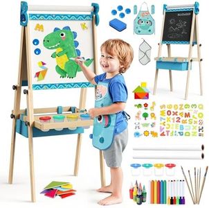 BlueWood Easel for Kids, Drawing Double Sided 4-in-1 Painting Art Stand, Adjustable Wooden Easel Set Toddlers, Magnetic Whiteboard & Chalkboard with Paper Rolls for 3-8 Child, Blue