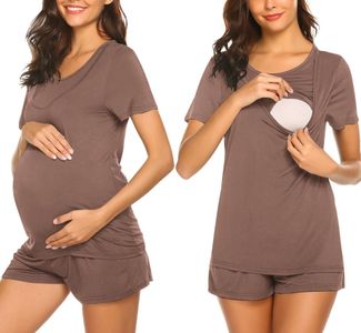 Ekouaer Womens Maternity Nursing Pajama Set Breastfeeding Sleepwear Double Layer Short Sleeve Top & Shorts Pregnancy Pjs Brown L