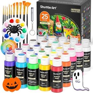 Shuttle Art 25 Colors Outdoor Acrylic Paint Set, 2oz/60ml Waterproof Acrylic Paint with 10 Brushes 1 Palette, Rich Pigmented Paints for Artists, Beginners on Rocks, Wood Crafts, Garden Statues