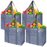 VENO 4 Pack Reusable Grocery Shopping Bag w/Hard Bottom, Front Pocket, Multi-Purpose Heavy Duty Tote, Utility Shopper Bag, Beach Bag, Stands Upright, Water-Resistant, Sustainable (Gray, 4 Pack)