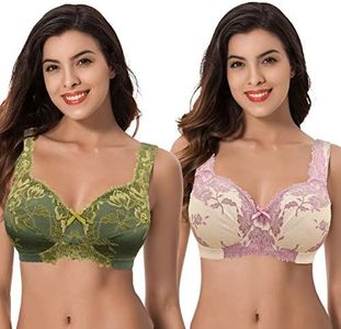 Curve Muse Women's Plus Size Minimizer Unlined Wirefree Lace Full Coverage Bras-2Pack-Deep Lichen Green, Nude-38DD (EU:85E)