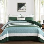 Emerald Green Striped King Quilt Set,Boho King Size Quilt Bedding Set Lightweight Gray Bedspreads Micofiber Bohemian 3 Pieces Sage Green Quilts Farmhouse Summer Coverlet Sets for All Season Spring