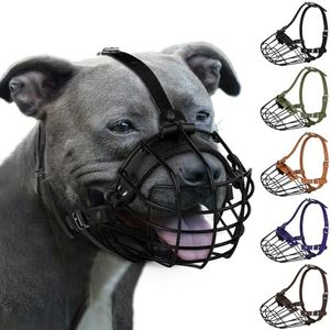 Pitbull Dog Muzzle Breathable Metal Basket for Large Dogs Amstaff Staffordshire Terrier Secure Wire Mask Adjustable Durable Leather Straps Biting Chewing Barking (Black)