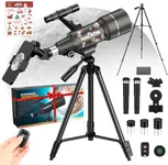 NACATIN Telescope for Kids & Adults, 70mm Aperture 300mm Portable Refractor Telescope with 3 Eyepieces & Christmas Stickers - Complete Kit with Phone Adapter, Wireless Remote & Moon Filter, Grey