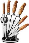 Nuovva Sharp Kitchen Knife Set – 7Pcs Stainless Steel Blades with Wooden Style Handles – 360° Rotating Acrylic Knives Block Set with Sharpener – Chef, Bread, Utility, Scissors, Paring & Carving Tools