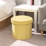 Bonlife Sherpa Ottoman with Storage,Foldable Footstool for living room,Round Toy Chest,Storage Seat,Teddy,Yellow,38X38X33cm