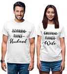 Hangout Hub HH-P104 Men's & Women's Round Neck T-Shirt Boyfriend Fiance Husband-Girlfriend Fiancee Wife(White;Men L;Women S)-Pack of 2-Couple T-Shirts