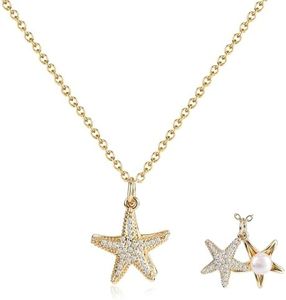 Starfish Necklace for Women - Gold Plated Double Starfish Pendant with a Pearl, Beach Jewelry Summer Necklace for Vacation