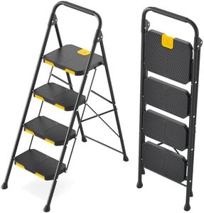 KINGRACK 4 Step Ladder, Sturdy Steel Step Stool with Safe-Lock Design, Handrail, Anti-Slip Wide Pedals, Pass 800lbs Load Testing, Folding Portable Ladder for Multi-Purpose, Home, Kitchen, Black