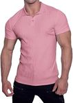 Muscle Cmdr Men's Slim Fit Muscle Polo Shirts Short Sleeve Stretch Quick Dry Tee Casual Golf Athletic T-Shirts (Pink S)