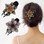 ADORNISH 2 pcs (ASSORTED DESIGNE) Flower Rhinestones Hair Claw Clip, Crystal Fancy Hair Bun Clip, No Slip French Curved (single flower)