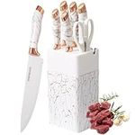 Kitchen Knife Set - 6 Piece Knife Set with Block .Stainless Steel Knivese with Chef, Bread Knife, Kitchen Scissors for Cutting Meat/Vegetables/Fruit.（White）