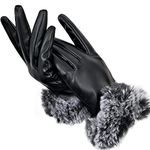 Womens PU Leather Gloves for Cold Weather, Winter Warm Gloves with Fleece Lining, Touchscreen Rabbit Fur Cuff Party Gloves Black