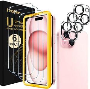 ivoler 7 en 1 Protector de Pantalla Compatible con iPhone 15 6.1 Pulgadas, [3 Piezas] Cristal Vidrio Templado con [3 Piezas] Protector de Lente de Cámara y A Marco de Instalación Fácil, 9H Dureza