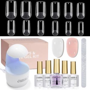 AILLSA Gel Nail Kit Short Square Nail Tips 240pcs with 2 In 1 Nail Glue Base Coat and Nail Dehydrator, Gel Manicure Full Nail Kit with Nail Lamp Top Coat for Starters Home Salon