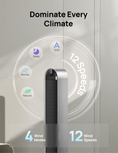 Dreo 42" Tower Fan with Remote – 12-Speed Bladeless Floor Fan, 120° Oscillation, Silent Timer for Bedroom, Home & Office