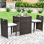 Tangkula 3 PCS Outdoor Rattan Dining Set, Patio Conversation Set Bistro Set with Tempered Glass Table, Patio Wicker Chair Furniture Set with Cushions for Courtyard, Balcony, Garden (Brown)